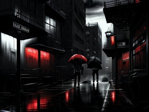 Prompt: High-resolution, detailed emo kid illustration, dark and moody, black and red color tones, intense and brooding expression, urban street setting, rainy atmosphere, cool-toned lighting, anime-style, edgy fashion, dramatic shadows, emotional, rainy, urban, intense gaze, detailed hair, professional