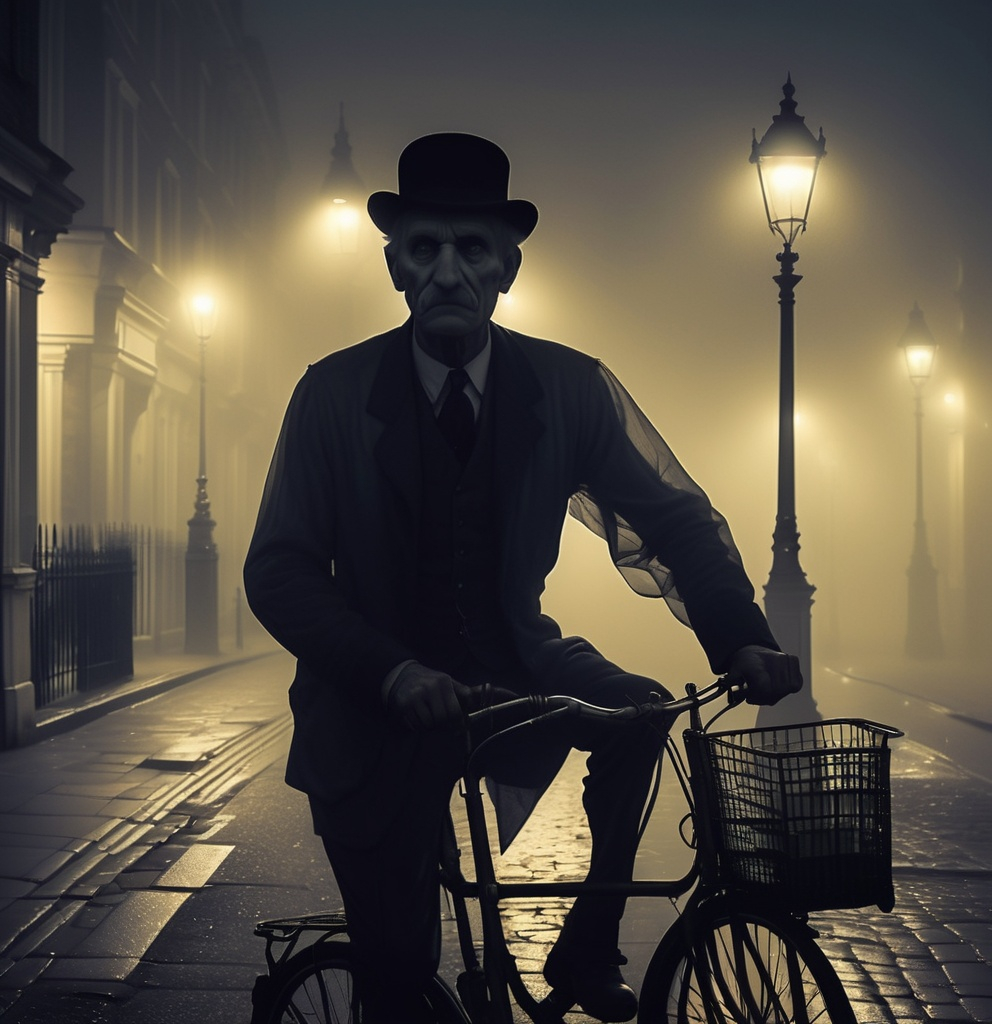 Prompt: "An old, deserted London street at night, with thick fog blanketing everything. Streetlamps cast faint halos of light, and the silhouettes of ancient buildings loom on either side. The scene feels ominous, as if something is lurking just beyond the fog."