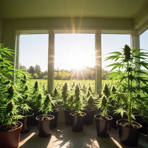 Prompt: An open window looking out at a large outdoor garden of cannabis plants, with the sun shining above 
