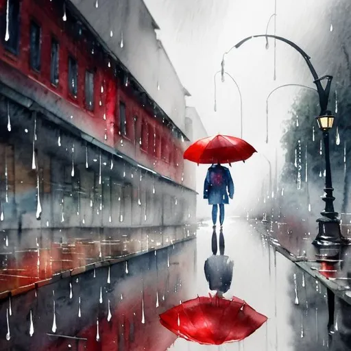 Prompt: Red umbrella in the rain, grey sky, puddles splashing, high quality, watercolor painting, rainy day, atmospheric lighting, mood, detailed raindrops, dramatic, artistic, watercolor, grey tones