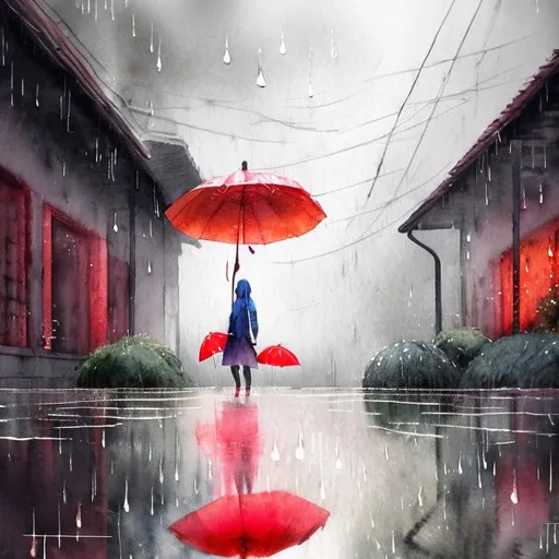 Prompt: Red umbrella in the rain, dancing raindrops, grey sky, puddles splashing, high quality, watercolor painting, rainy day, atmospheric lighting, mood, detailed raindrops, dramatic, artistic, watercolor, grey tones