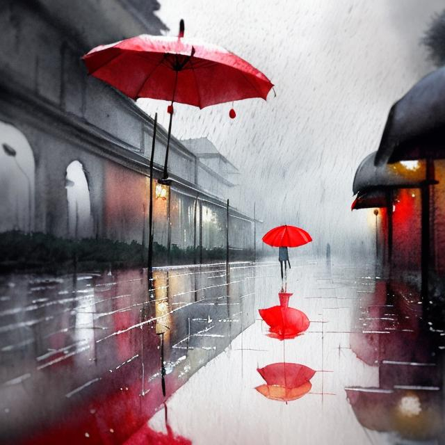 Prompt: Red umbrella in the rain, dancing raindrops, grey sky, puddles splashing, high quality, watercolor painting, rainy day, atmospheric lighting, mood, detailed raindrops, dramatic, artistic, watercolor, grey tones