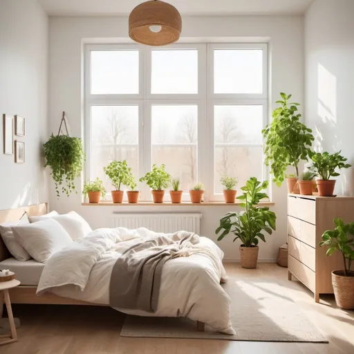 Prompt: Ikea style, sunny bedroom, warm natural lighting, cozy atmosphere, modern furniture, minimalist design, spacious layout, high quality, bright and airy, Scandinavian style, wooden accents, soft and comfortable bedding, large windows, fresh potted plants, inviting ambiance