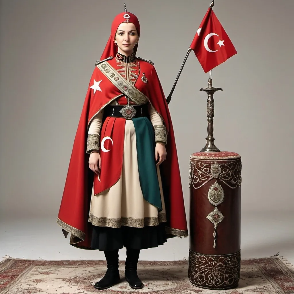 Prompt: Ottoman military uniform, sultan warrior cape, Turkish flag, MAT written on the cape Woman