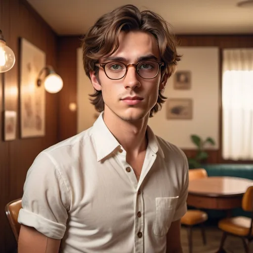 Prompt: A beautiful young man with a thin but with sharp features long face, brown messy hair and round glasses, a white shirt in a 60s background