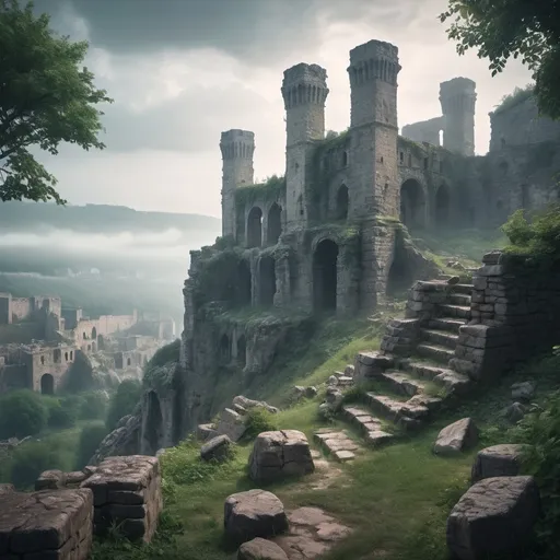 Prompt: (majestic ruins of a great fortress), towering on a hill above an ancient citadel, dramatic landscape, overgrown vegetation, crumbling stones, misty background, ethereal atmosphere, lot of rubble, haunting vibe, detailed textures, high quality, (4K detail), evocative sense of history and grandeur.