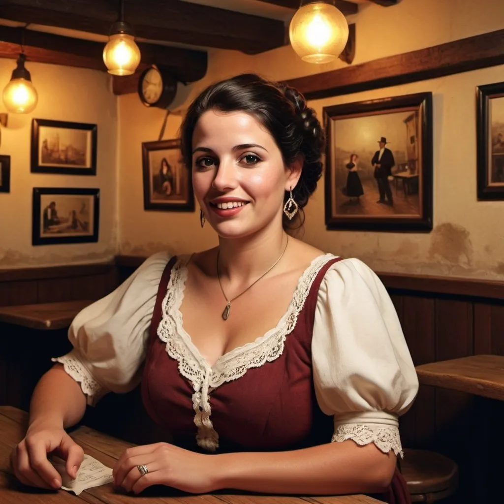 Prompt: Create realistic photo of a fado singer, in a Portuguese tavern