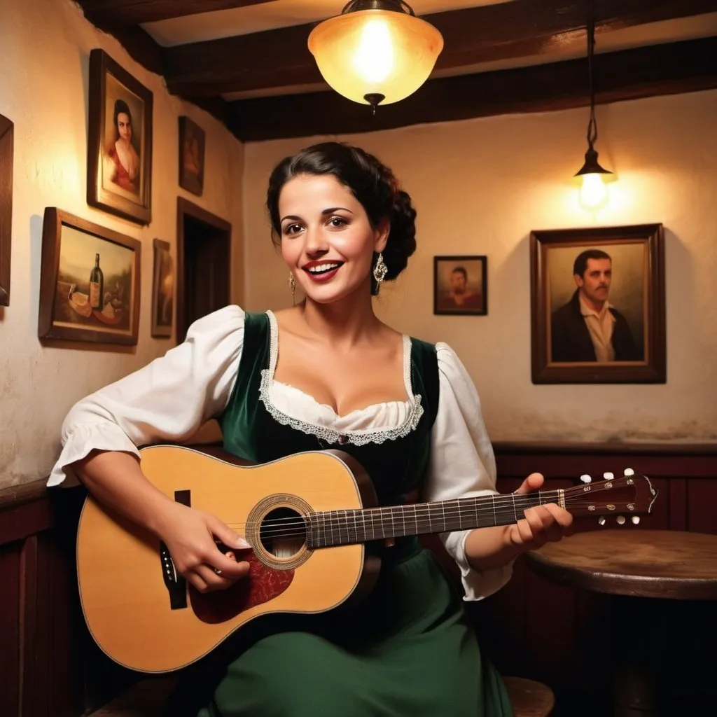 Prompt: Create realistic photo of a fado singer, in a Portuguese tavern