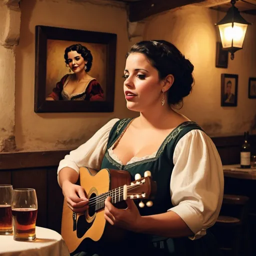 Prompt: Create realistic photo of a fado singer, in a Portuguese tavern