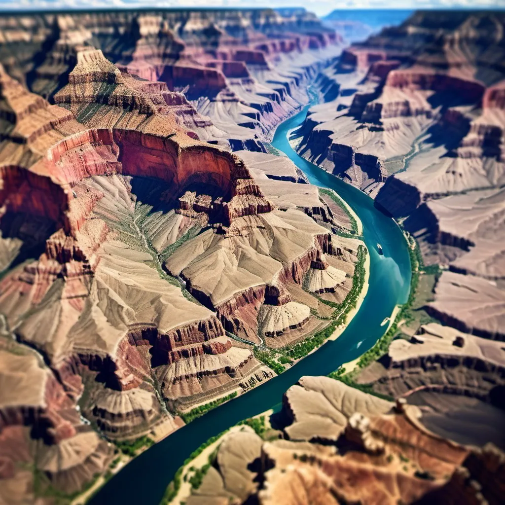 Prompt: aerial view, tilt-shift, of the Grand Canyon in Arizona