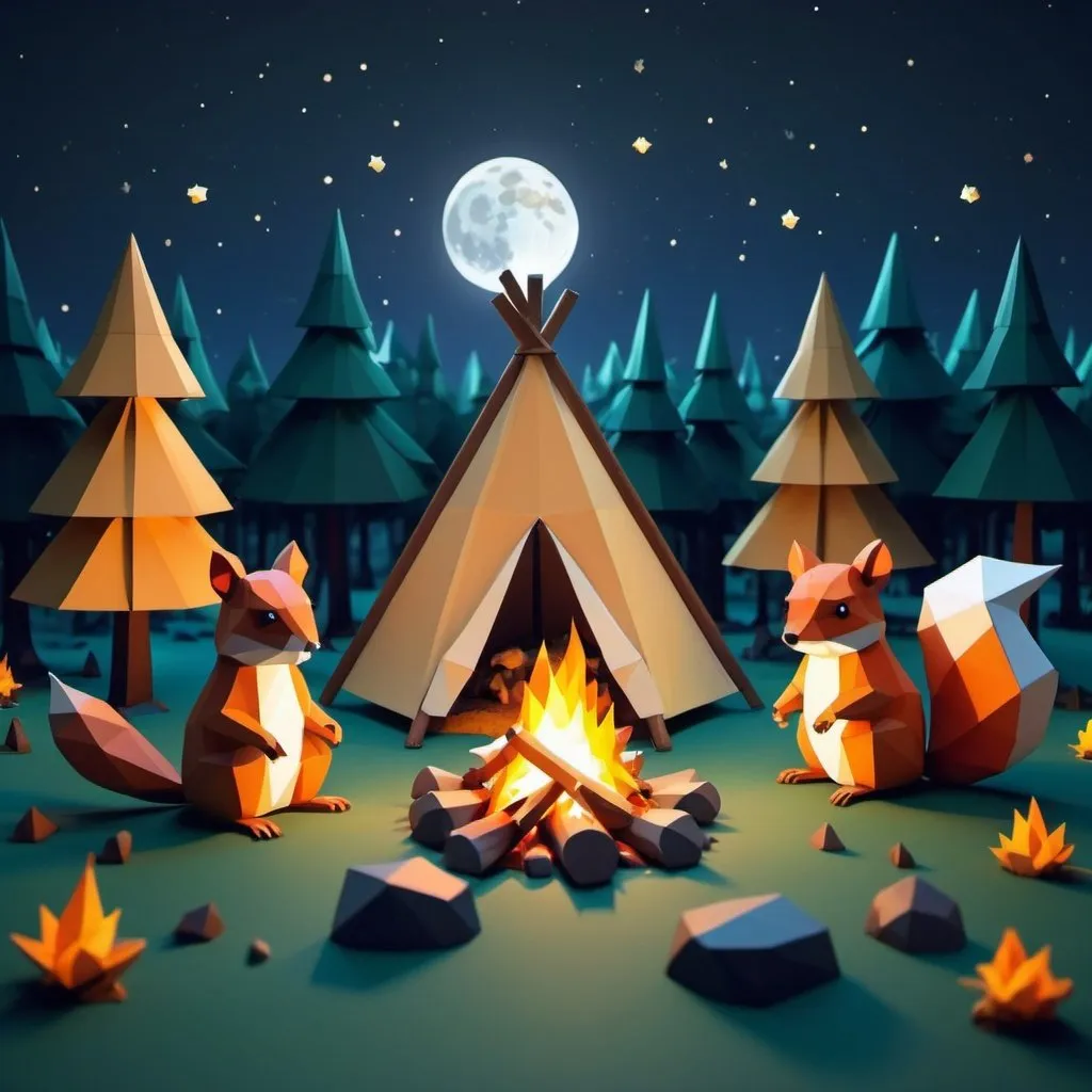 Prompt: Make a Low Poly Camp fire in the night with a forest around it, then make a nice starry night with the moon out and shining, put a Low Poly Squirrel mouse Bird and fox next to the Camp fire all in a Low Poly World

