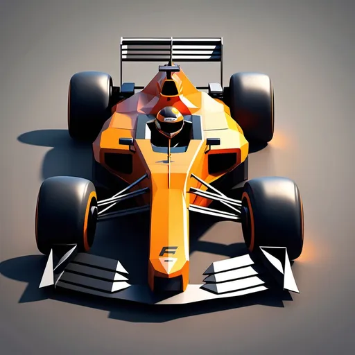 Prompt: Make a small low poly F1 race car in a low poly world that is orange and black on a race track