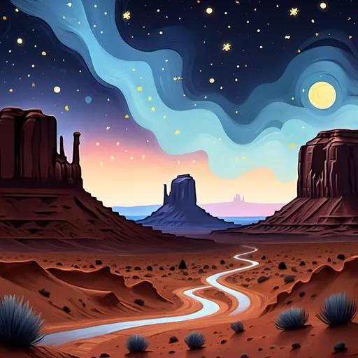 Prompt: Make a starry Night Panting with Monument Valley In it ( make it old with visible brush strokes)