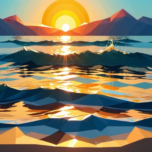 Prompt: Make a Low Poly Ocean Sunset looking at it from a beach, make the sun in the middle of the picture and have orang yellow and light blue reflections on the water 