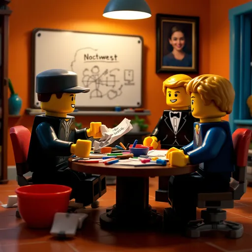 Prompt: Inside a cozy meeting room with a tiled floor and warm, orange-hued walls, four Lego figures gather around a table cluttered with various items like papers, colored pens, and a red bowl. One figure in a gray cap is animatedly holding crumpled paper, while another in a black outfit observes with a contemplative expression. A blonde figure dressed in a tuxedo-style shirt smiles, suggesting a light-hearted atmosphere, and the fourth figure, dressed in blue, appears engaged in the discussion. A whiteboard in the background features a drawing labeled "Noctwest," indicating a brainstorming session or project planning, while a framed portrait adds a homely touch to the scene. The lighting is warm and inviting, enhancing the collaborative spirit among the characters.