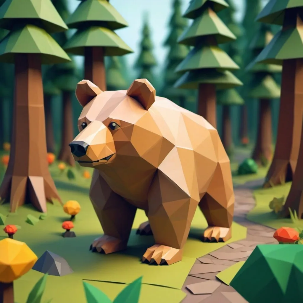 Prompt: Make a Low Poly Bear with all his friends on his back, His friends are a wolf a mouse a fox and a turtle. make them walk though a forest having a nice stroll and being good friends all in a Low Poly world