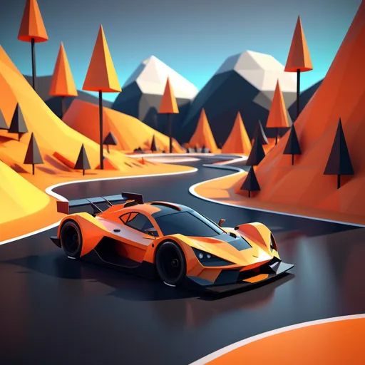 Prompt: (low poly race car), vibrant orange and black colors, stylized low poly environment, smooth geometric shapes, the race track winding through the colorful landscape, bright and playful, dynamic lighting enhancing the scene, scenic backdrop with abstract hills and trees, engaging and lively atmosphere, 3D rendering, ultra-detailed, appealing to fans of minimalist artwork and design.