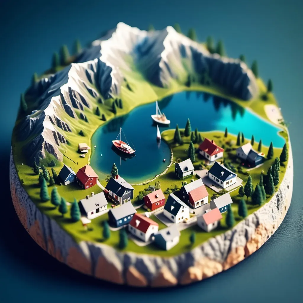 Prompt: aerial view, tilt-shift, isometric miniature world, detailed landscape world render with tiny houses and boats, mountains with lakes