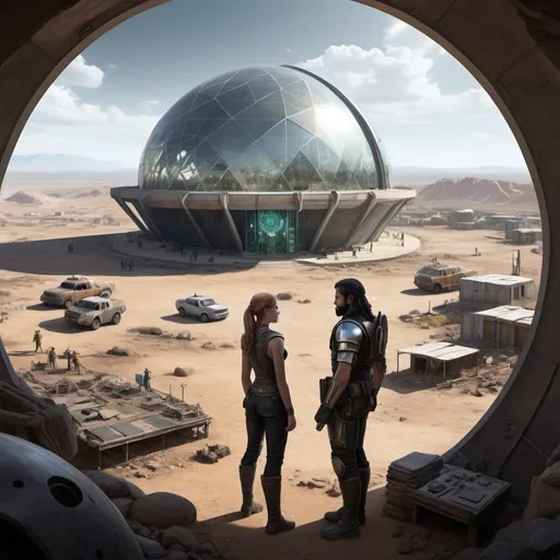 Prompt: A high-tech utopian dome city, The Harmony Project, stands in stark contrast to the desolate wasteland outside. In the foreground, Helen, a determined engineer with a tablet, and Tim, a young idealist, discuss a discovery. Nearby, Papi, a rugged scavenger, looks conflicted. A tense standoff between raiders led by the fierce Anya and the Project's defenders unfolds near the dome. A holographic screen shows Elias, the enigmatic leader. In the background, scenes of the council in debate, initial outreach to external settlements, and a future of cooperation between the dome and rebuilt wasteland settlements. The overall scene depicts a narrative of conflict, discovery, and eventual cooperation.
