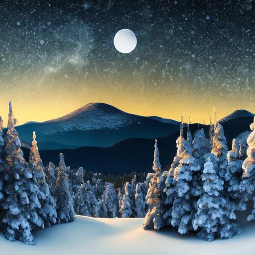 Prompt: A snowy mountain vista with an oversized moon behind it and a pine forest in front.