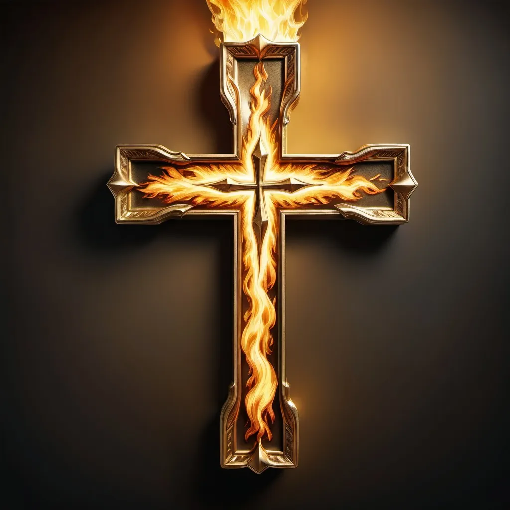 Prompt: A beautiful square golden fire christian cross, full painted without decorations at their extremes. It looks like burning