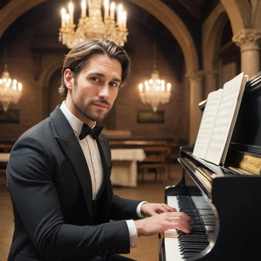 Prompt: a handsome man in his 30s playing piano in a kingdom