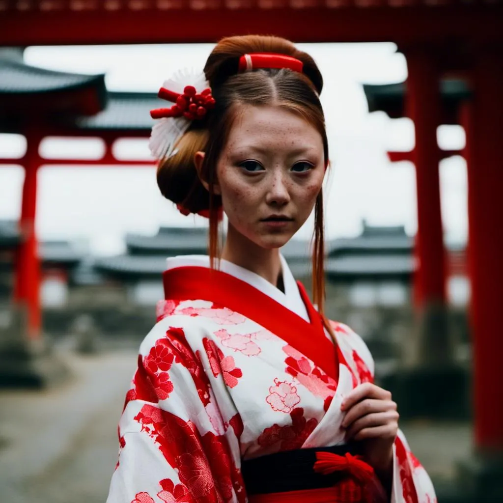 Prompt: <mymodel>photo modelling as geisha, red and white kimono, Torii, in  cinematic, traditional geisha makeup




