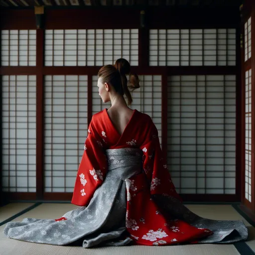 Prompt: <mymodel>photo modelling as geisha in a red white and grey kimono, in front of Tori, moving her hair aside with hand, looking over shoulder, picture taken from above, cinematic


