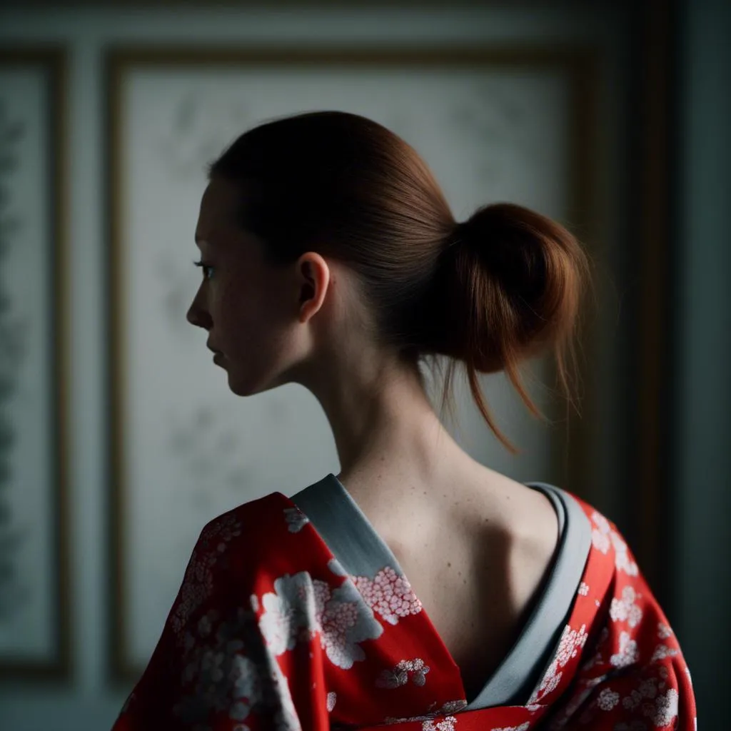 Prompt: <mymodel>photo modelling as geisha in a red white and grey kimono, in front of Tori, moving her hair aside with hand, looking over shoulder, picture taken from above, cinematic


