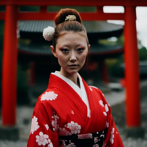 Prompt: <mymodel>photo modelling as geisha, red and white kimono, Torii, in  cinematic, traditional geisha makeup




