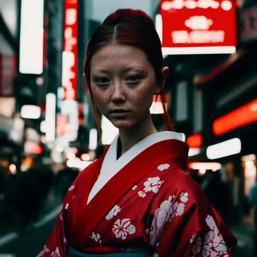 Prompt: <mymodel>photo modelling as geisha, red, grey and white kimono, busy tokyo crossing, cinematic, traditional hairstyle, fine colorgrading, low contrast

