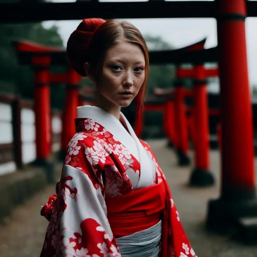 Prompt: <mymodel>photo modelling as geisha, red, grey and white kimono, Torii, cinematic, traditional hairstyle

