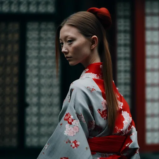 Prompt: <mymodel>photo modelling as geisha in a red white and grey kimono, in front of Tori, moving her hair aside with hand, looking over shoulder, picture taken from above, cinematic


