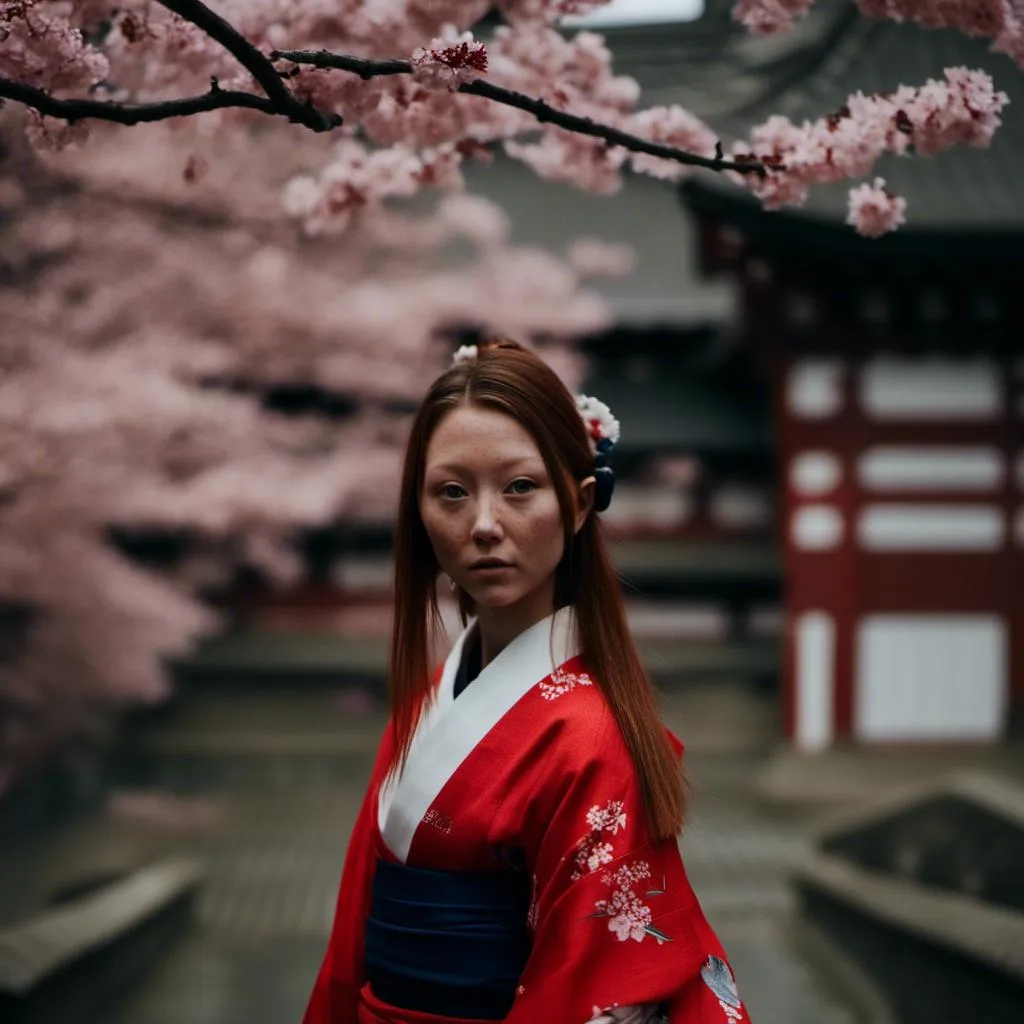 Prompt: <mymodel>photo modelling as geisha in a red white and navy blue kimono, sakura Pedals ,Tori, moving her hair aside with hand, looking over shoulder, picture taken from above, cinematic


