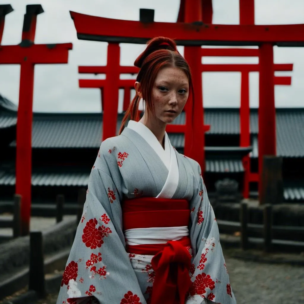 Prompt: <mymodel>photo modelling as geisha, red, grey and white kimono, Torii, cinematic, traditional hairstyle, fine colorgrading, low contrast
