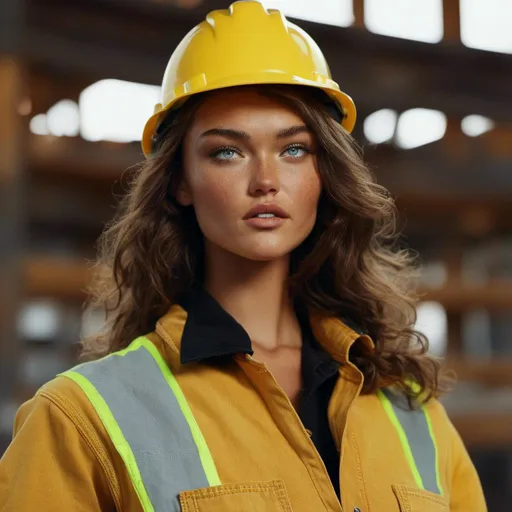 Prompt: Photorealistic depiction of <mymodel> , construction worker, yellow hard hat,cinematic atmosphere, finely color graded, low contrast, detailed hair, beautiful face, realistic representation, photorealism, cinematic, color grading, low-contrast, professional lighting, 8K, unreal engine 5, 