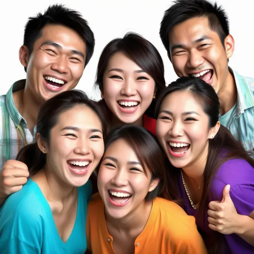 Prompt: (photorealistic), group of asian adult friends, (expressions of joy and happiness), cheerful atmosphere, (studio lighting), HDR, (crisp white background), dynamic interaction, vibrant and colorful attire, smiling and laughing together, high detail, perfect for capturing a joyful moment, conveying friendship and togetherness.