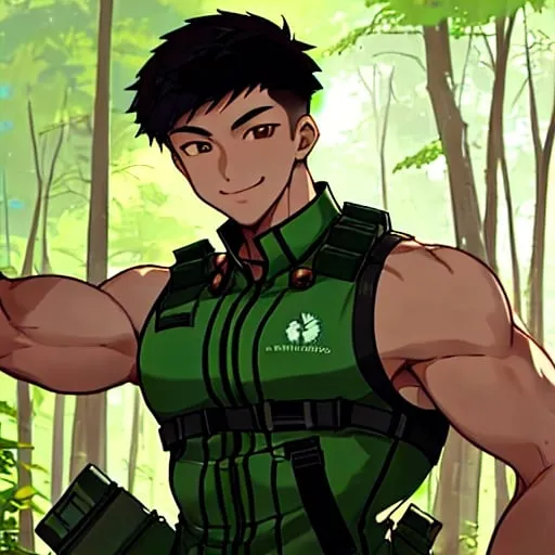 Prompt: a headshot of a handsome kind muscle young asian straight man, he is an outdoor rescuer, smiles, wears tank and outdoor gears in woods, looks confident and reliable