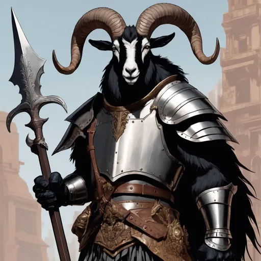 Prompt: black anthropomorphic goat man decked out in metal armor with a giant great sword