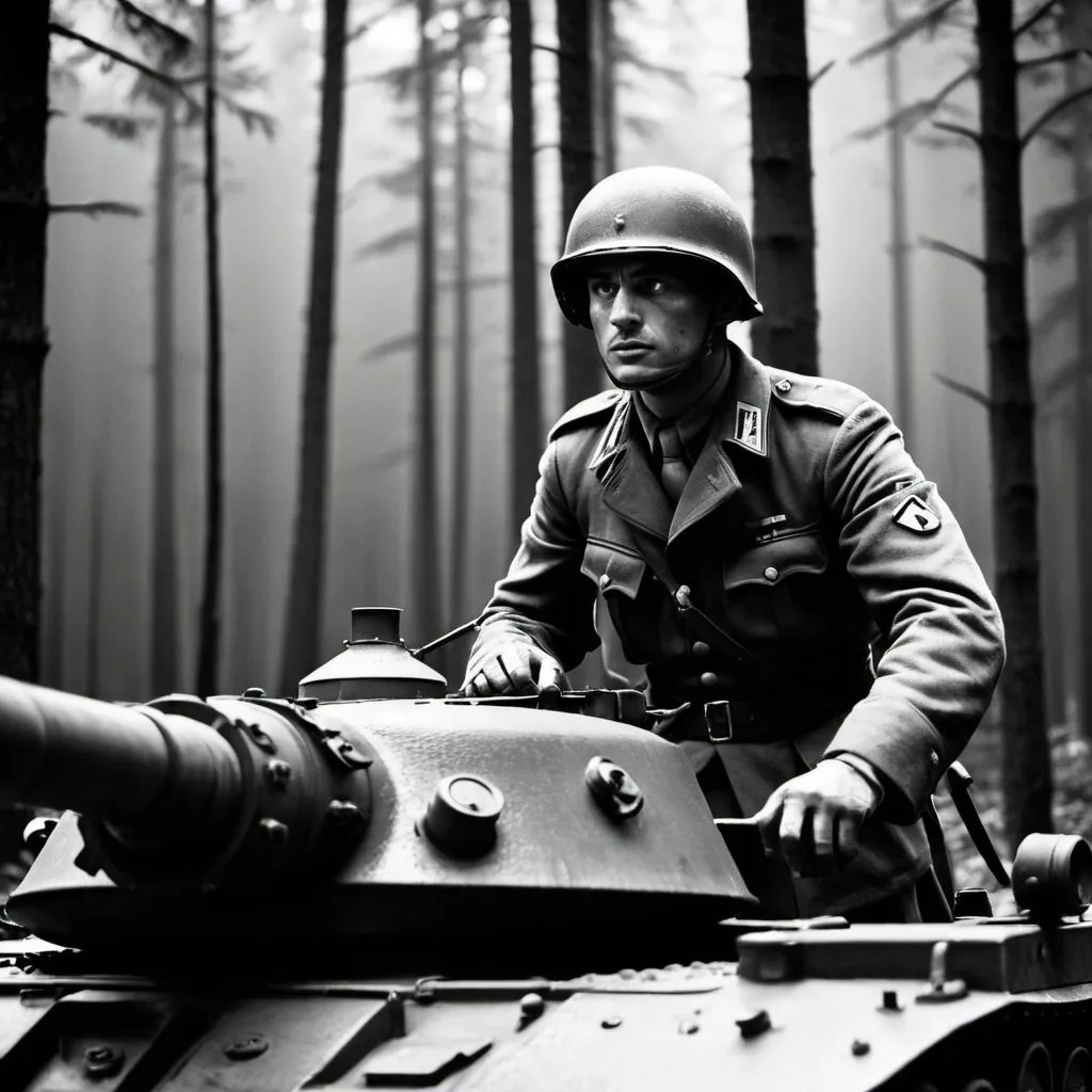 Prompt: Photo-film noir image of a soldier on a German World War 2 tank, forest backdrop, company of soldiers behind, gritty black and white, high contrast shadows, vintage military uniform, intense facial expression, rugged tank details, dense forest setting, atmospheric lighting, best quality, highres, vintage, noir, soldier, tank, forest, intense shadows, vintage uniform, rugged details, atmospheric, gritty, intense