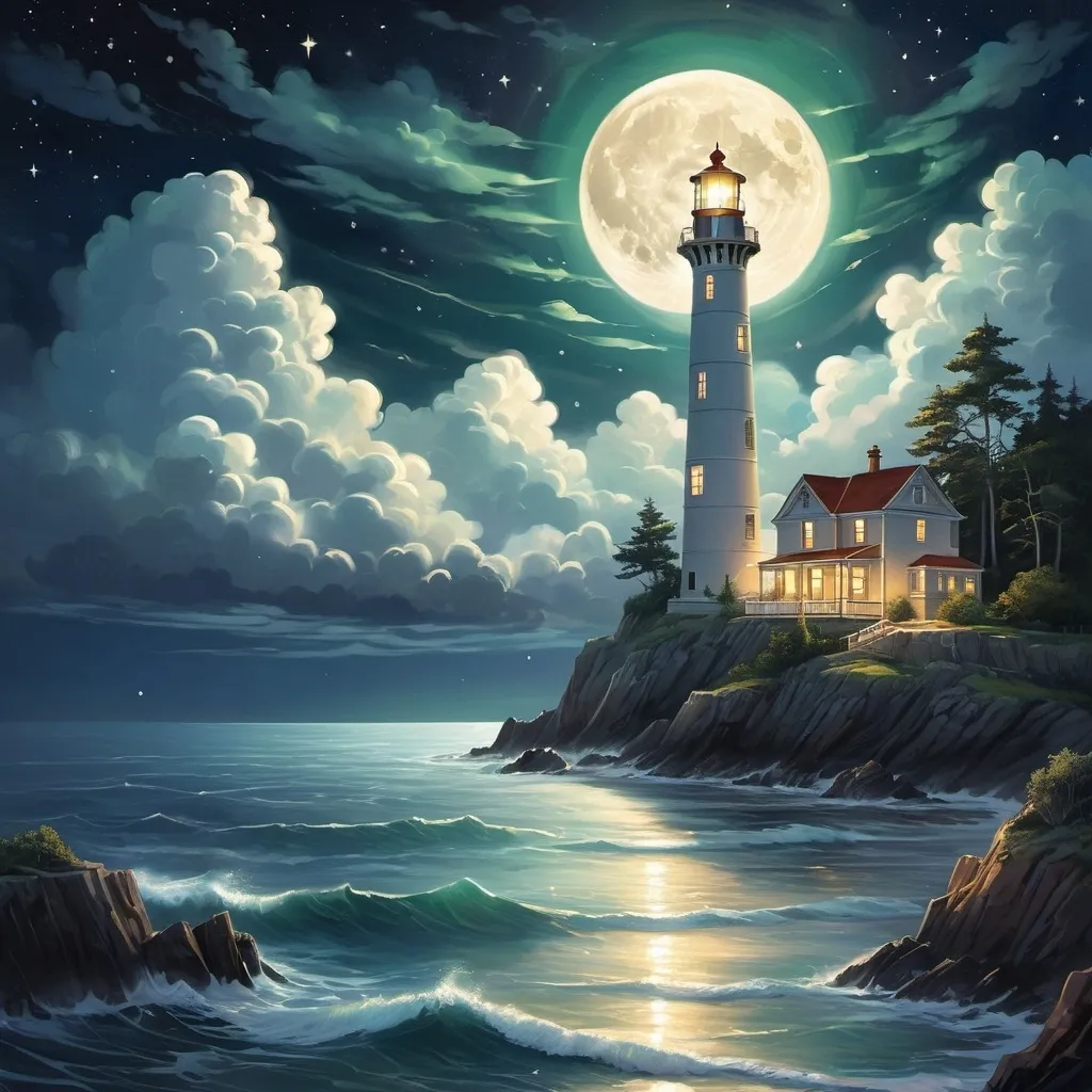 Prompt: A captivating night scene illustration featuring an ancient lighthouse standing tall on a rocky island. The lighthouse, adorned with multiple windows, emits a warm glow, highlighting its intricate architecture and rich history. The rocky island is covered in lush green trees, reflecting on the calm, moonlit sea waters that mirror the silvery moonlight. The full moon graces the sky, casting an ethereal glow on the clouds and sea, while wispy clouds partially obscure its brilliance, adding to the scene's mystique. Twinkling stars dot the sky, creating a celestial tapestry that harmonizes with the moon's radiance. This enchanting artwork captures a serene and peaceful night, where the illuminated lighthouse stands resolute amidst the celestial beauty, creating a cinematic experience., illustration, cinematic
<lora:DonM3t3rn1tyXL-v1.1:0.7>, DonM3t3rn1tyXL,
OverallDetailXL  <lora:MJ52:0.3>  <lora:SDXLFaeTastic2400:0.4>  <lora:EpicF4nta5yXL:0.7>