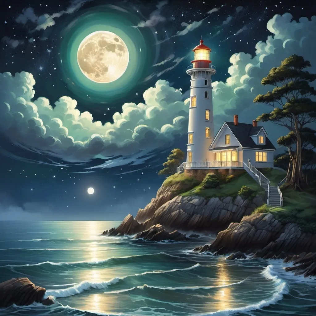 Prompt: A captivating night scene illustration featuring an ancient lighthouse standing tall on a rocky island. The lighthouse, adorned with multiple windows, emits a warm glow, highlighting its intricate architecture and rich history. The rocky island is covered in lush green trees, reflecting on the calm, moonlit sea waters that mirror the silvery moonlight. The full moon graces the sky, casting an ethereal glow on the clouds and sea, while wispy clouds partially obscure its brilliance, adding to the scene's mystique. Twinkling stars dot the sky, creating a celestial tapestry that harmonizes with the moon's radiance. This enchanting artwork captures a serene and peaceful night, where the illuminated lighthouse stands resolute amidst the celestial beauty, creating a cinematic experience., illustration, cinematic
<lora:DonM3t3rn1tyXL-v1.1:0.7>, DonM3t3rn1tyXL,
OverallDetailXL  <lora:MJ52:0.3>  <lora:SDXLFaeTastic2400:0.4>  <lora:EpicF4nta5yXL:0.7>