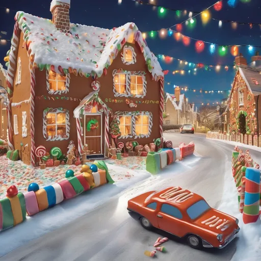 Prompt: a lane with sow falling to the ground and cars are covered like a blanket in also there are christmas lights of all colours and at the end of the lane there is a gingerbread house covered in sweets