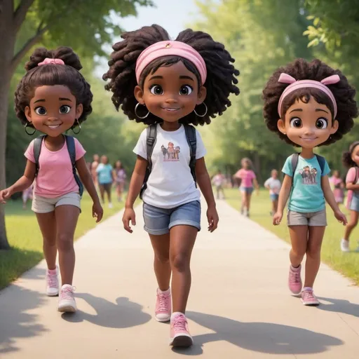 Prompt: full body photo of a little black girl and her frienda all races  first day of camp .amimation photo 