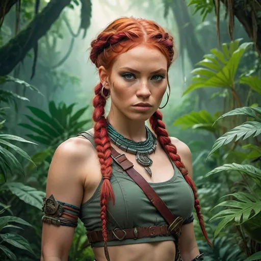 Prompt: A female warrior with red hair in small braids, a small knife at the end of each braid, a fierce yet feminine look, in a jungle setting from another planet, with cool colors, a prehistoric plant in the background.