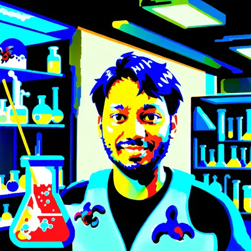 Prompt: I catching chemical lab tools and in front of table with chemical lab tools  and background of reef tank aquarium 
