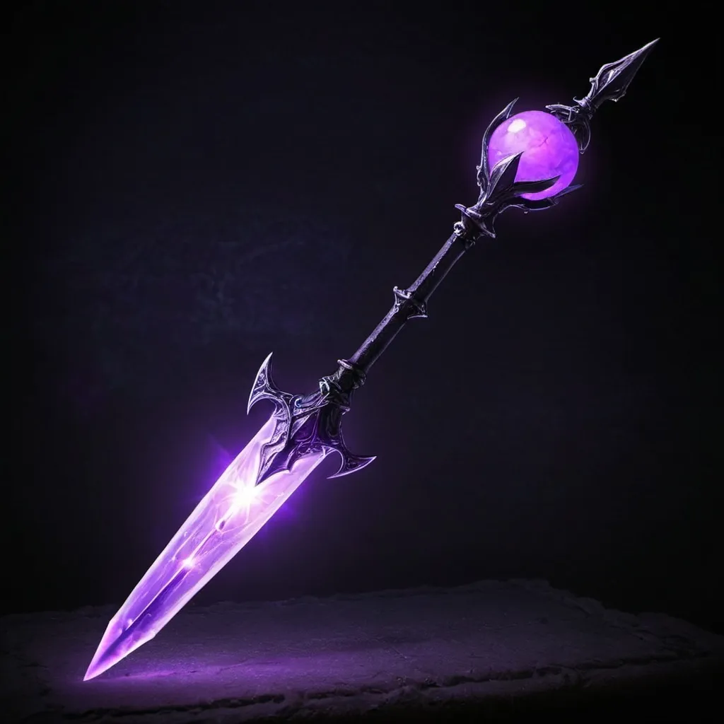 Prompt: dark fantasy, 2 small purple glowing orb infused, spear, lance, no guard