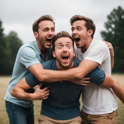 Prompt: Make me a photo realist image of a guy who is being hugged by 3 friends and he looks surprised by it but happy. 
