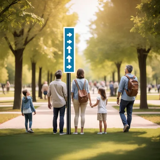Prompt: way finding directional design in public park, a family looking at the directional