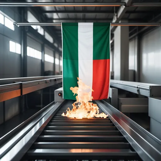 Prompt: An Italian flag on a conveyor system but with the flag slightly on fire